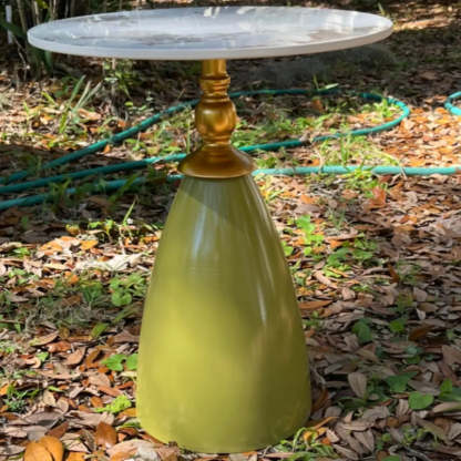 Brown Round Stone Iron-Base Tall Coffee Table — Green
