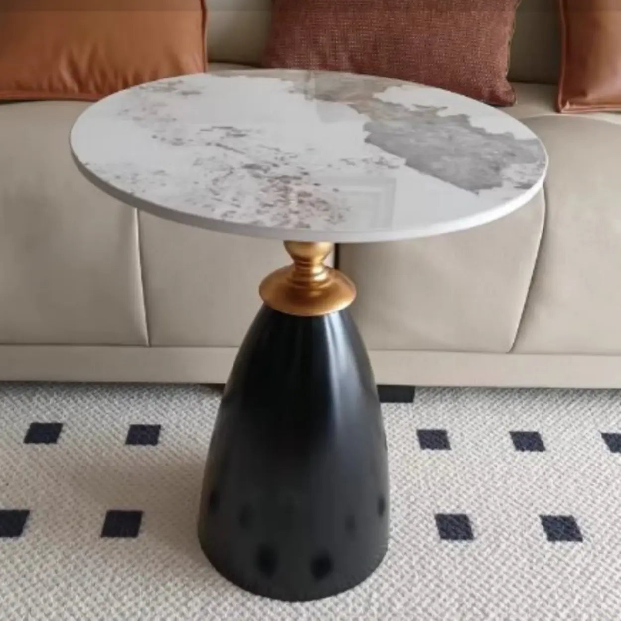 Brown Round Stone Iron-Base Tall Coffee Table