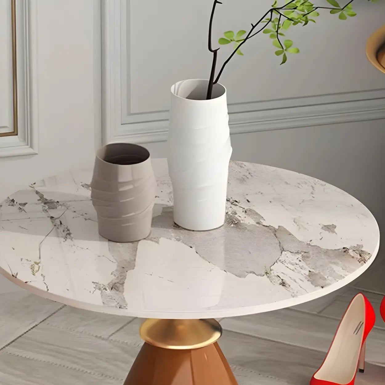Brown Round Stone Iron-Base Tall Coffee Table