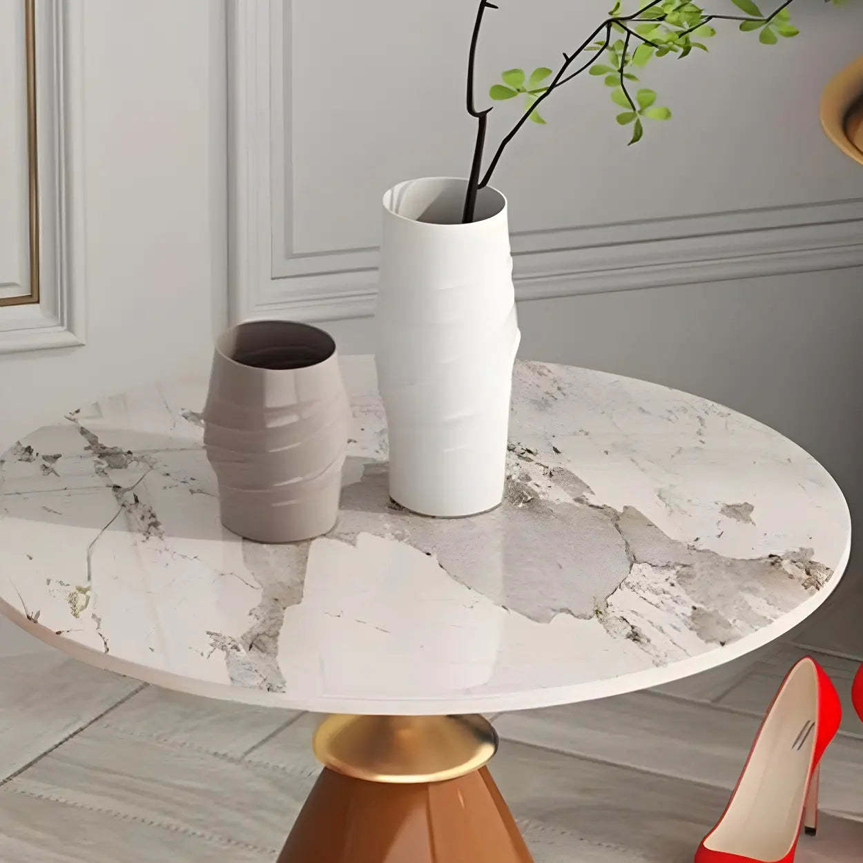 Brown Round Stone Iron-Base Tall Coffee Table