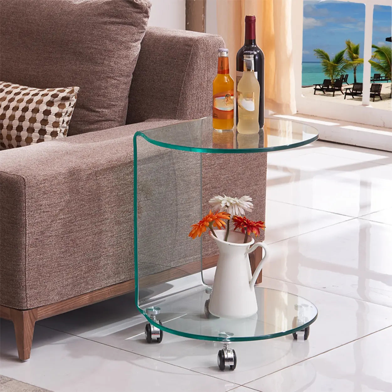 Clear Glass Chairside Table with Wheels