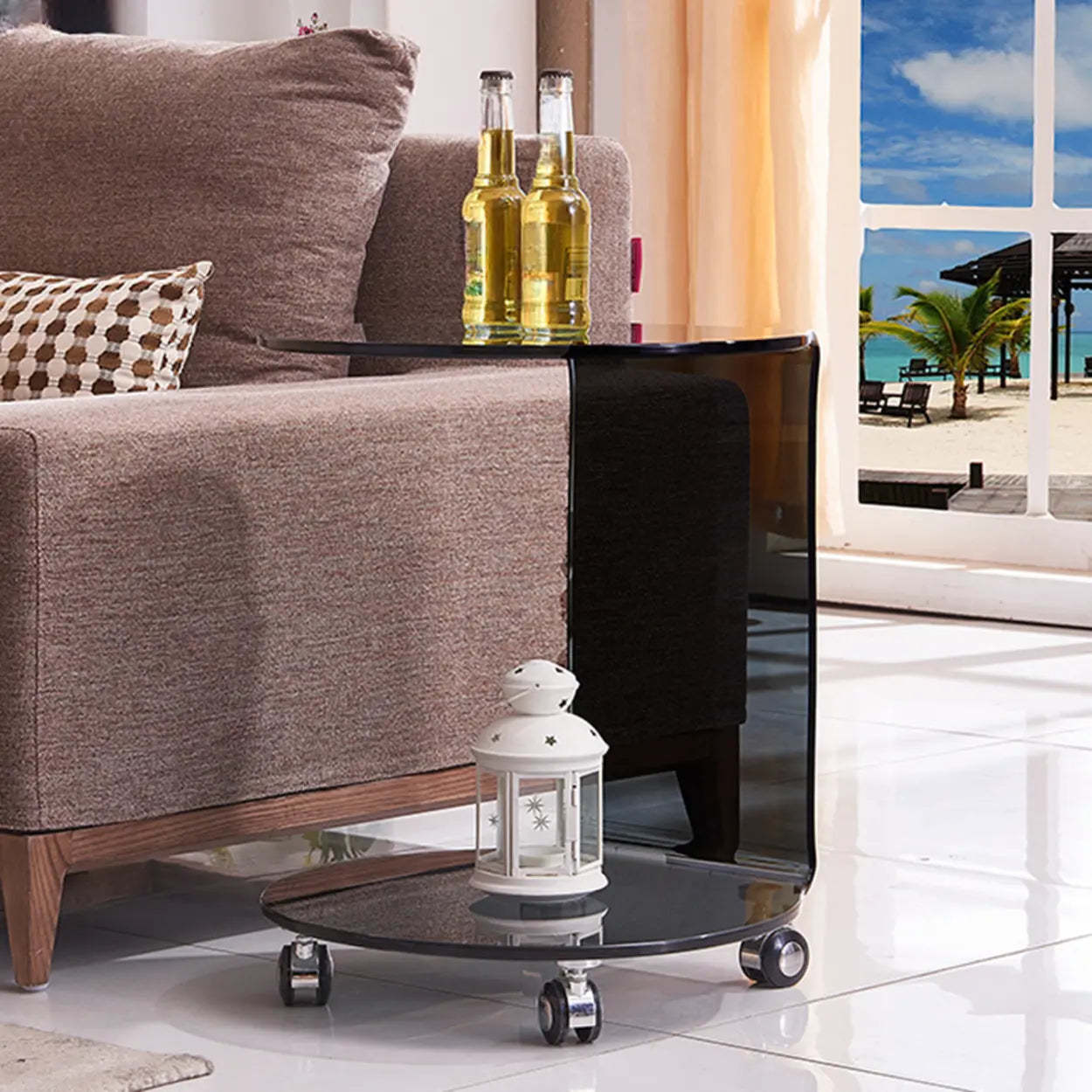 Clear Glass Chairside Table with Wheels — Clear