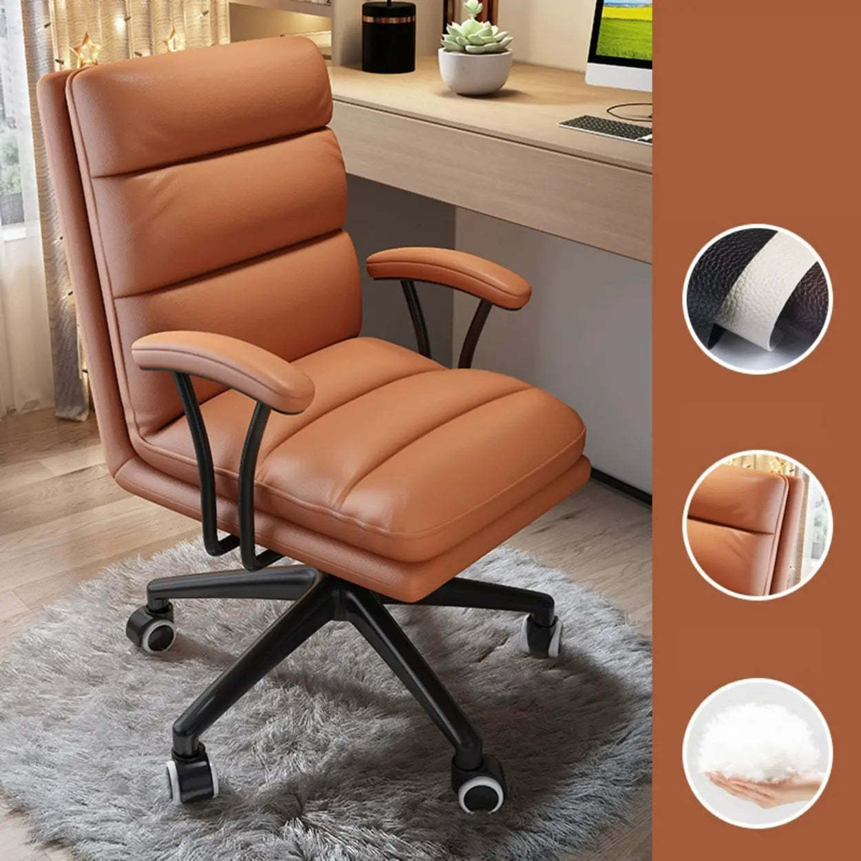 Ergonomic Gray Leather Office Chair with Casters — Orange/ Black / With Arms
