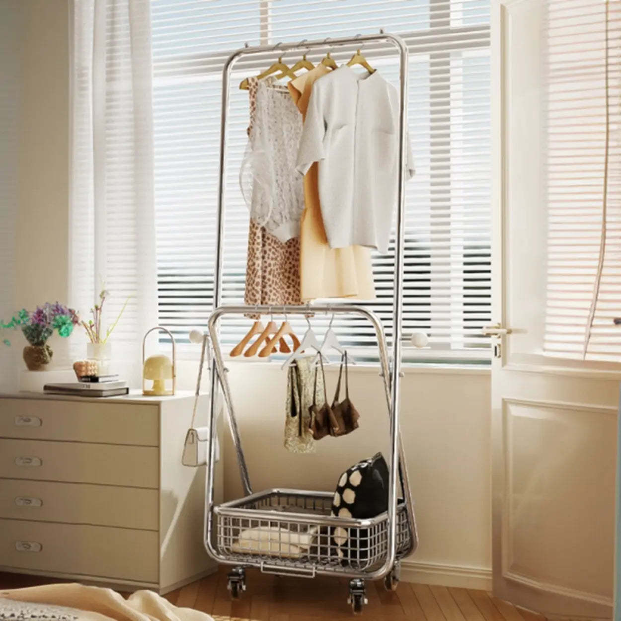 Folding Silver Steel Coat Closet Rack with Wheels