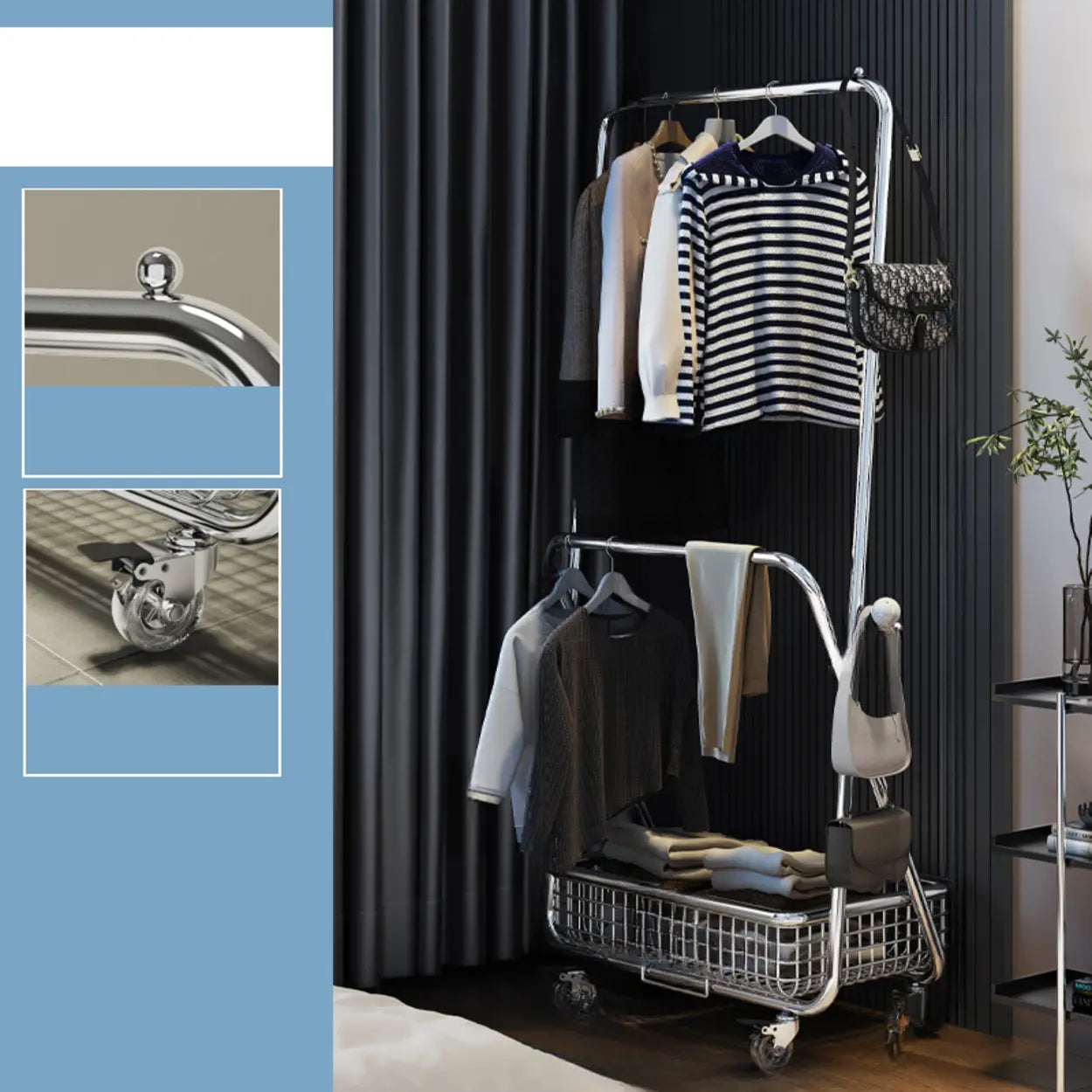 Folding Silver Steel Coat Closet Rack with Wheels