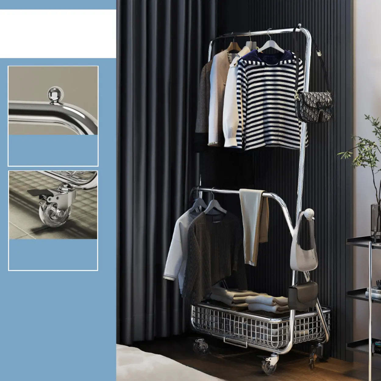 Folding Silver Steel Coat Closet Rack with Wheels
