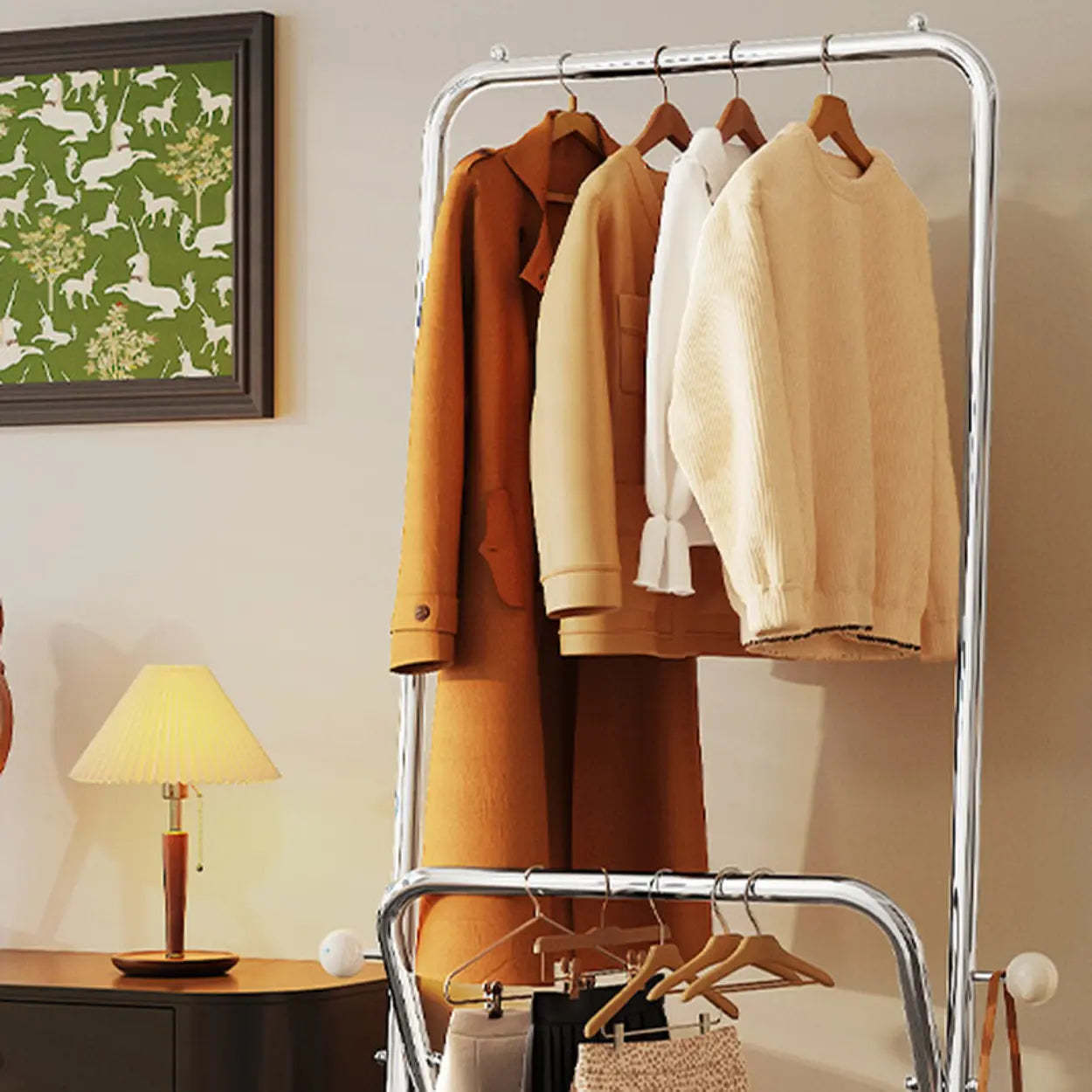 Folding Silver Steel Coat Closet Rack with Wheels