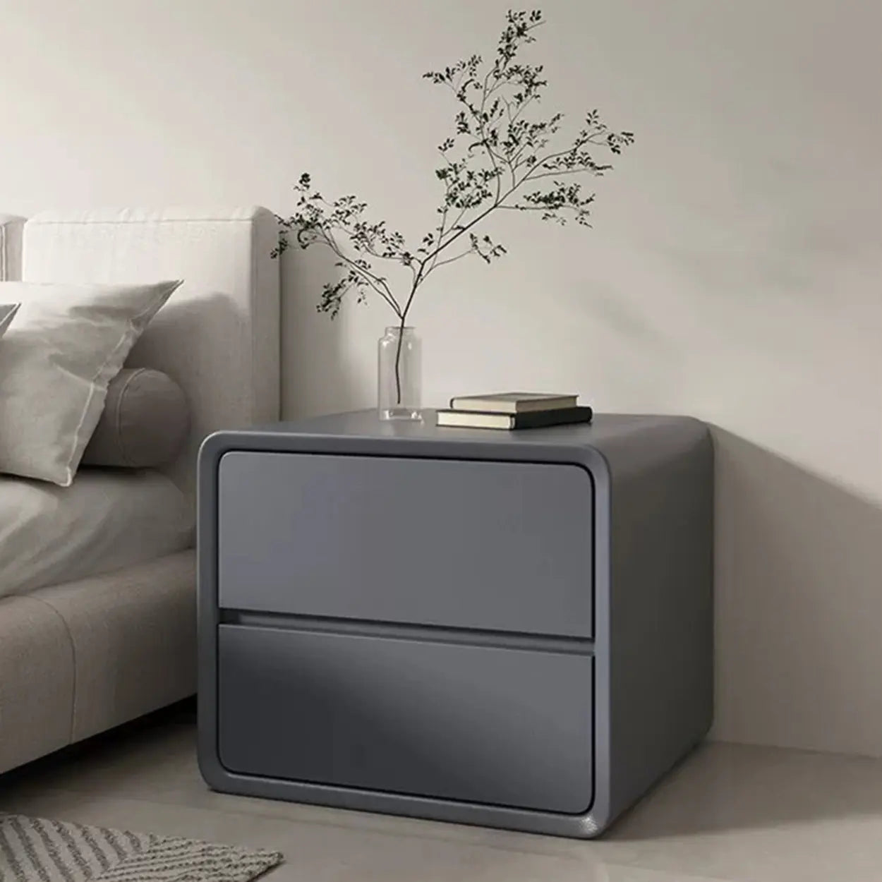 Gray Rounded Faux Leather Dual-Drawer Nightstand — White