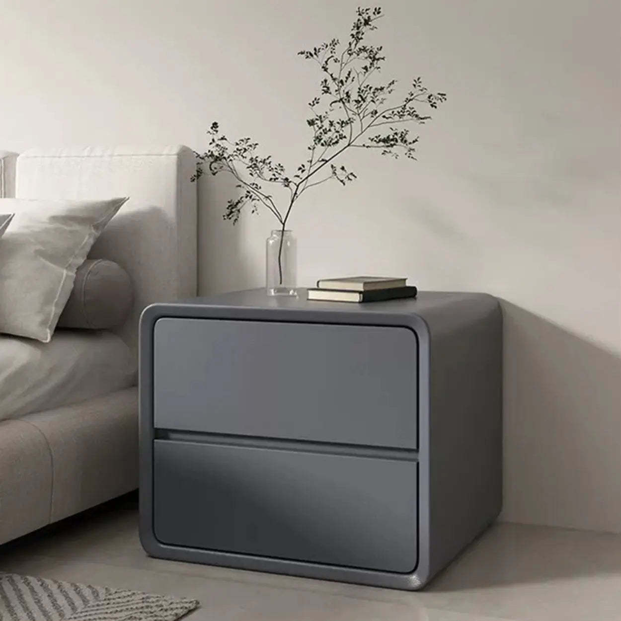 Gray Rounded Faux Leather Dual-Drawer Nightstand — White