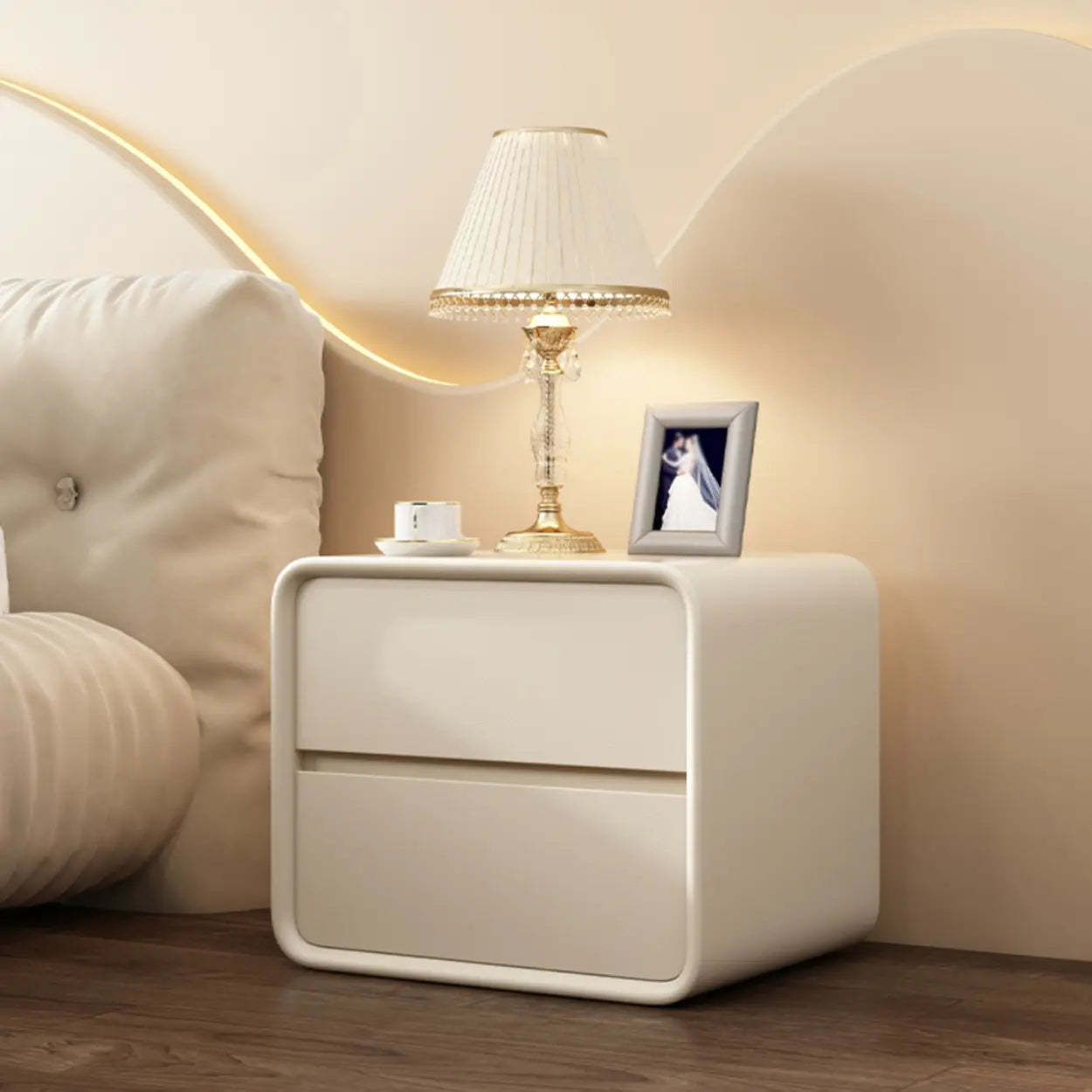 Gray Rounded Faux Leather Dual-Drawer Nightstand — Khaki