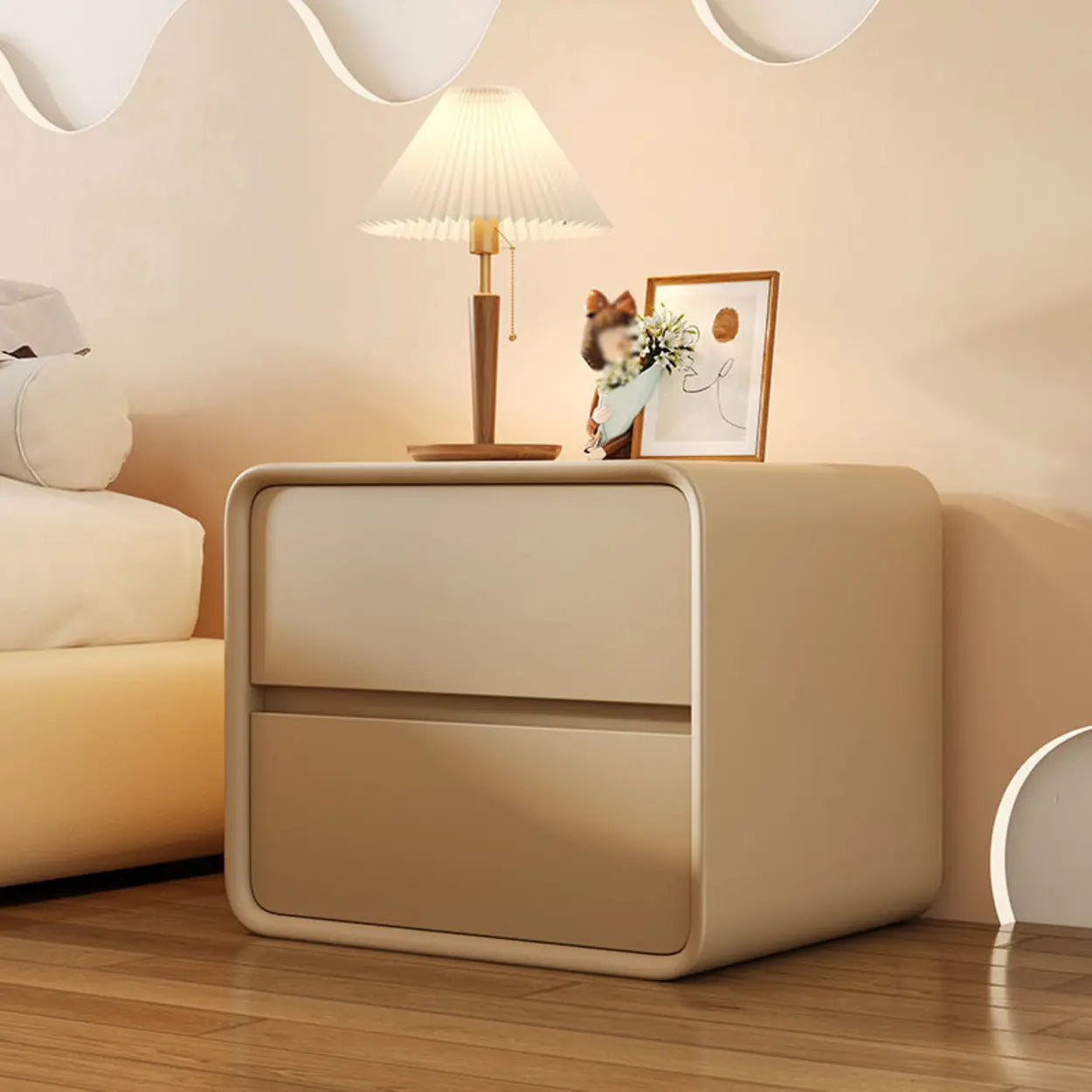 Gray Rounded Faux Leather Dual-Drawer Nightstand — Light Gray