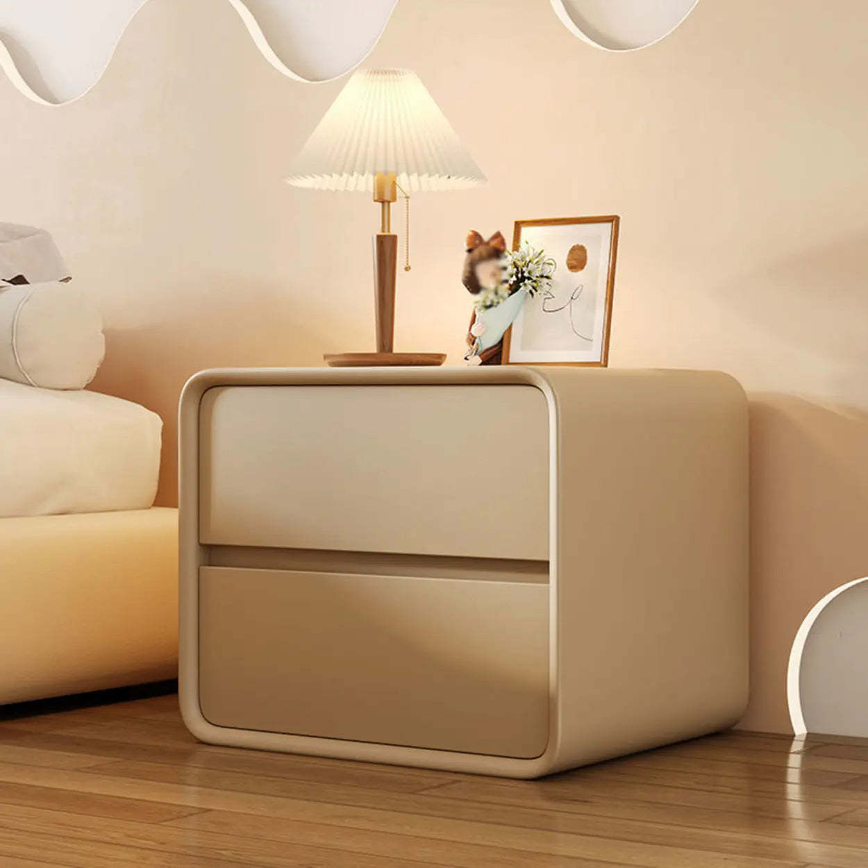 Gray Rounded Faux Leather Dual-Drawer Nightstand — Light Gray