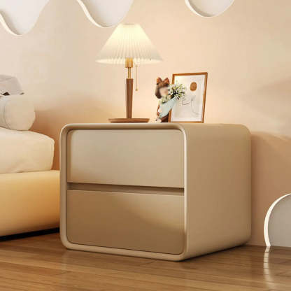Gray Rounded Faux Leather Dual-Drawer Nightstand — Light Gray