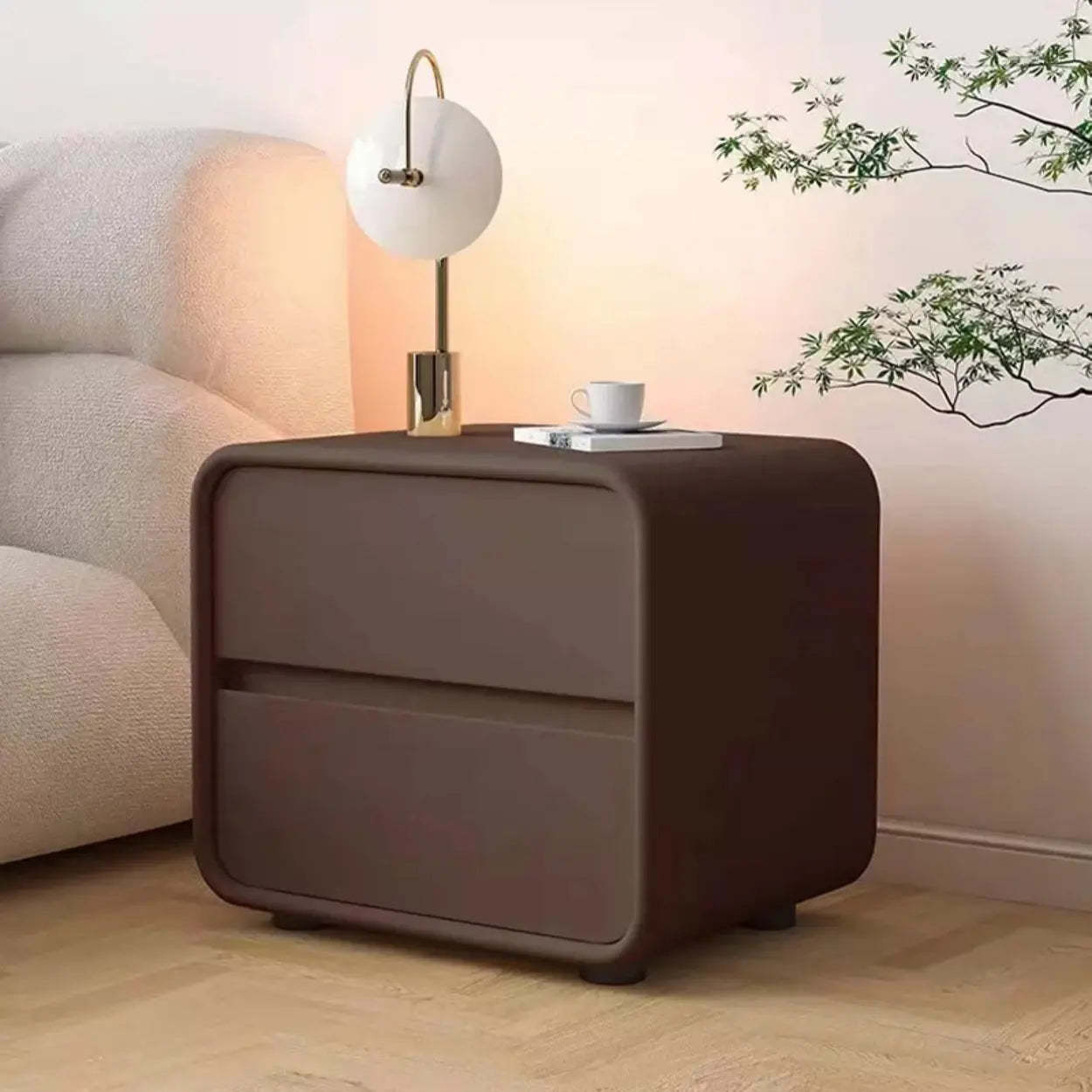 Gray Rounded Faux Leather Dual-Drawer Nightstand — White