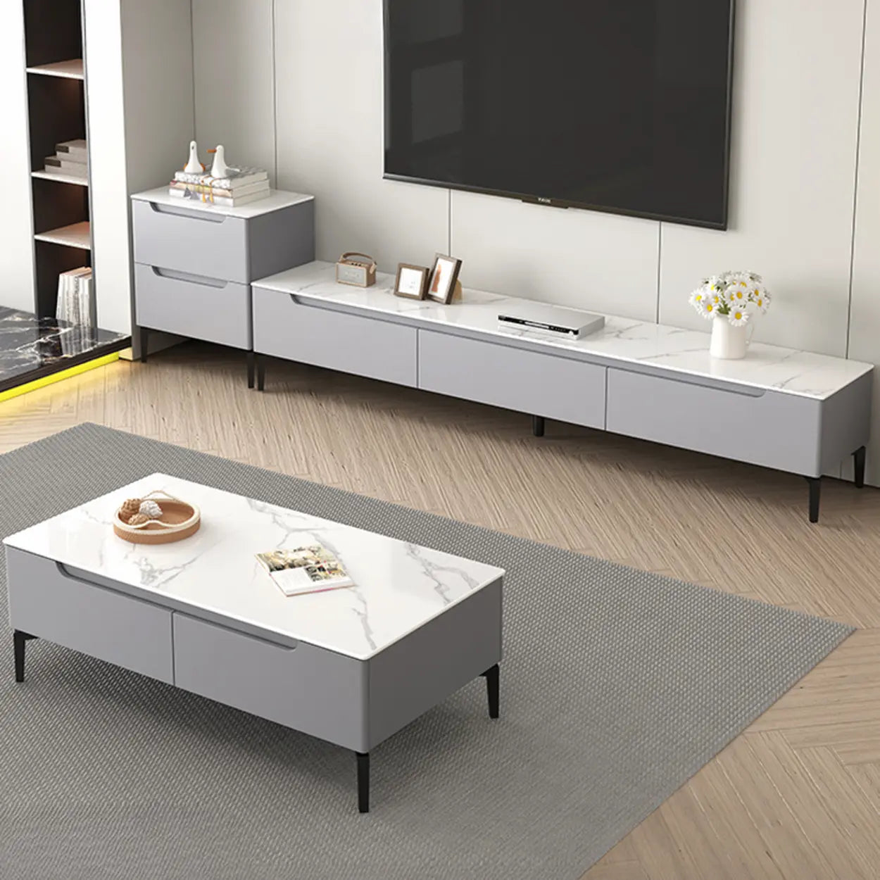 Gray Stone Rectangular TV Stand with Drawers — Warm White