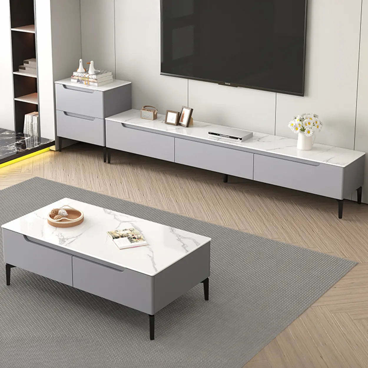 Gray Stone Rectangular TV Stand with Drawers — Warm White