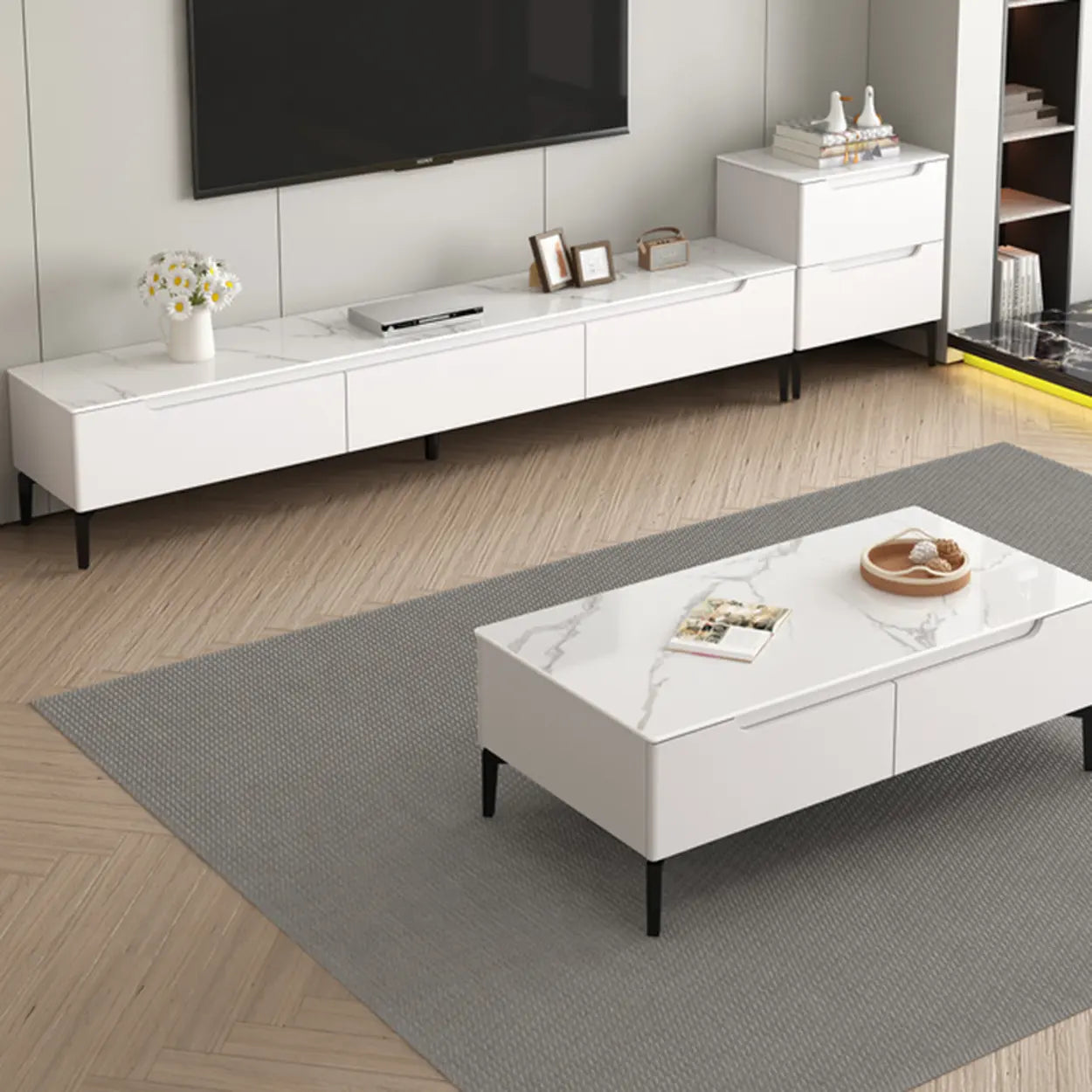 Gray Stone Rectangular TV Stand with Drawers — Grey