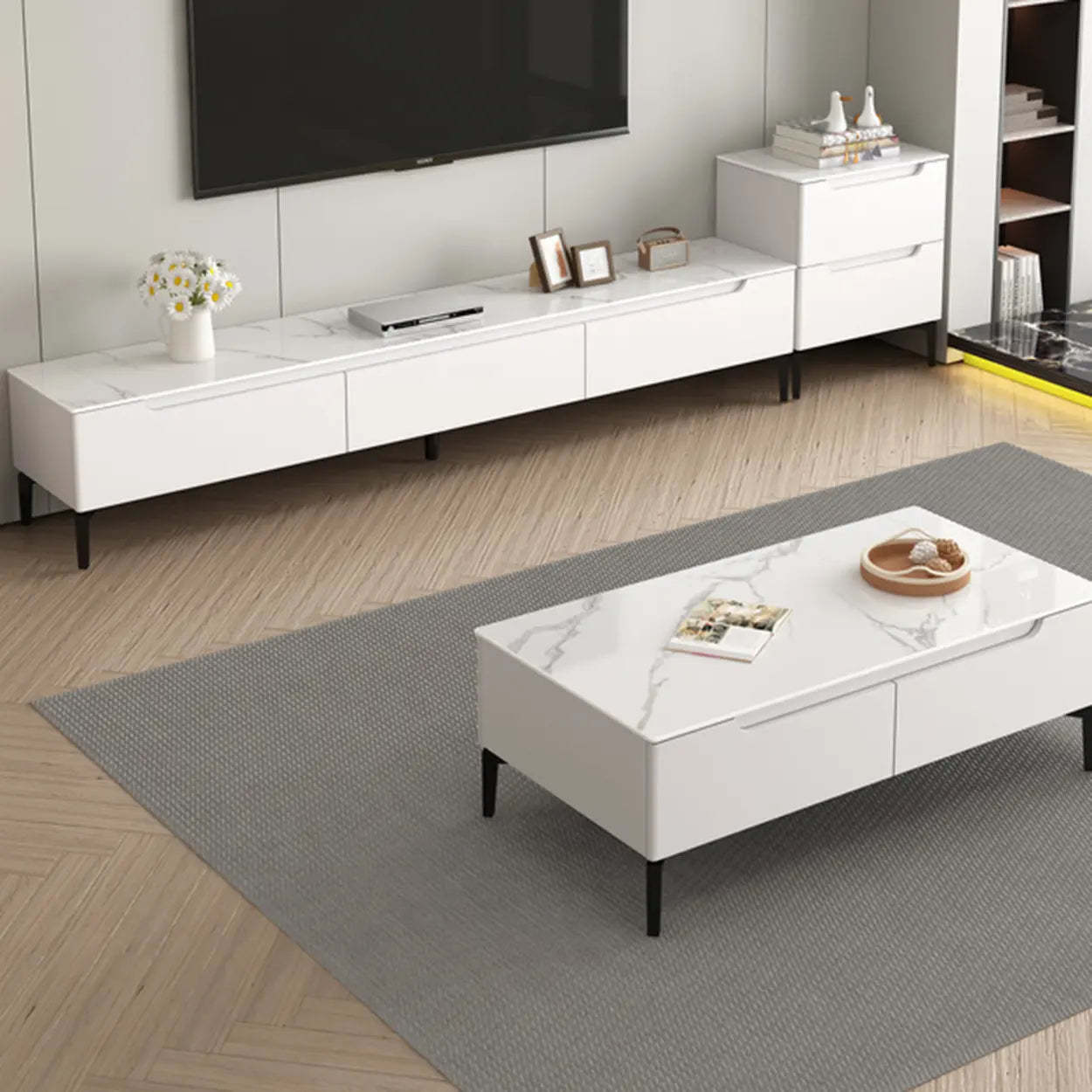 Gray Stone Rectangular TV Stand with Drawers — Grey