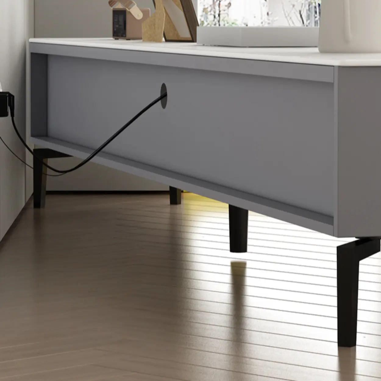 Gray Stone Rectangular TV Stand with Drawers