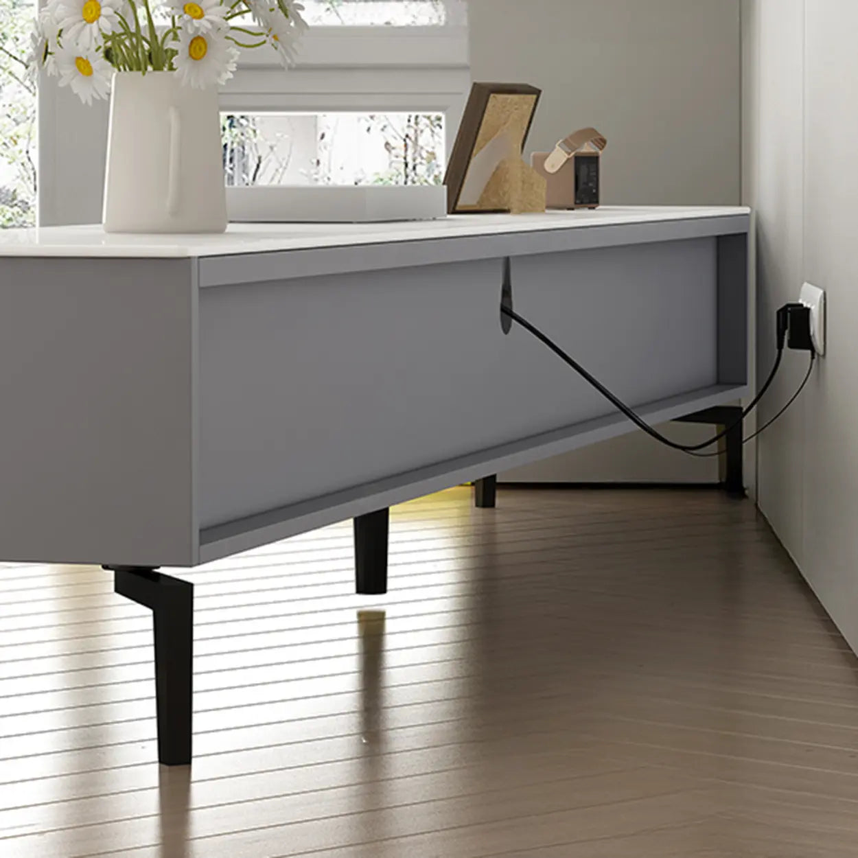 Gray Stone Rectangular TV Stand with Drawers