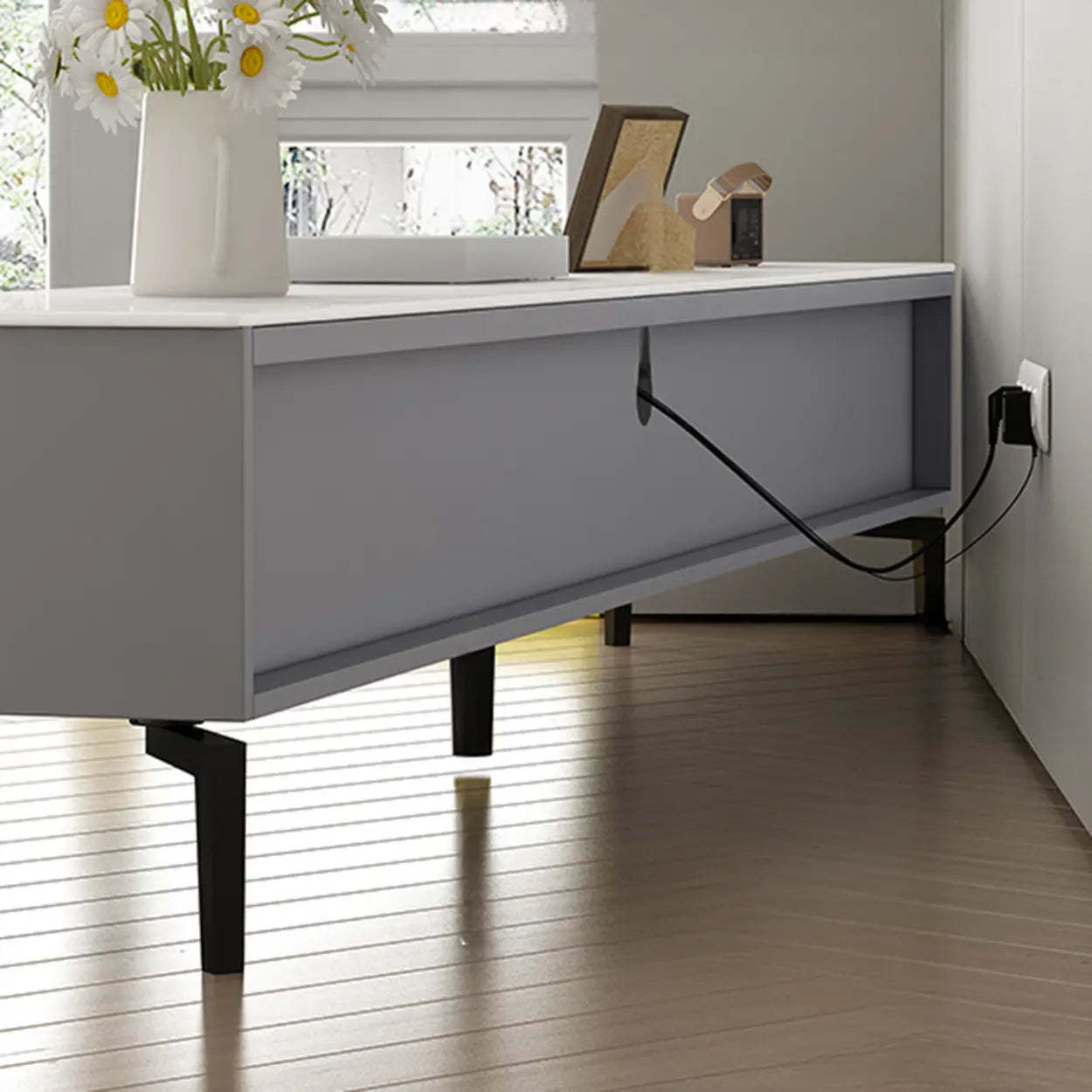 Gray Stone Rectangular TV Stand with Drawers