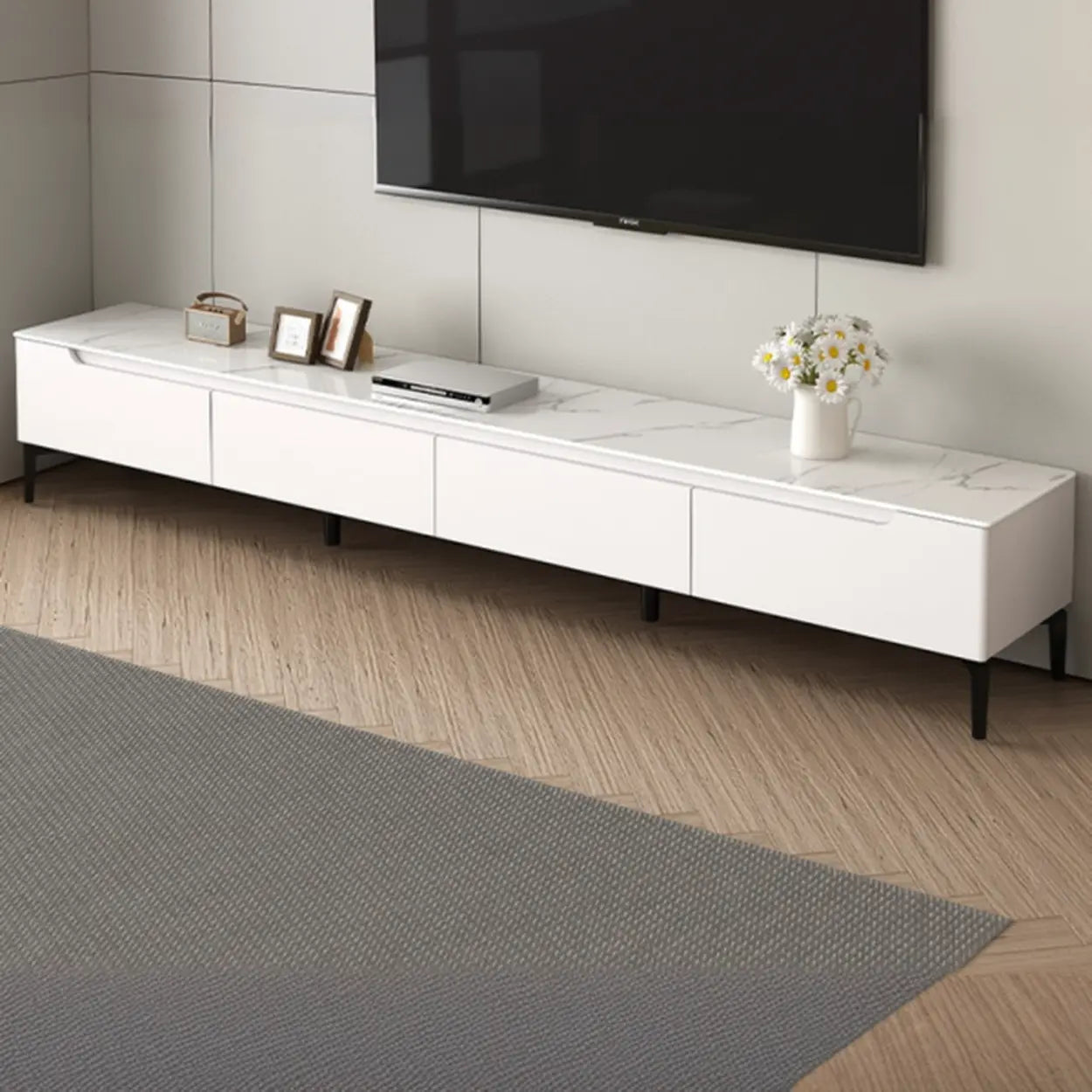 Gray Stone Rectangular TV Stand with Drawers — Warm White