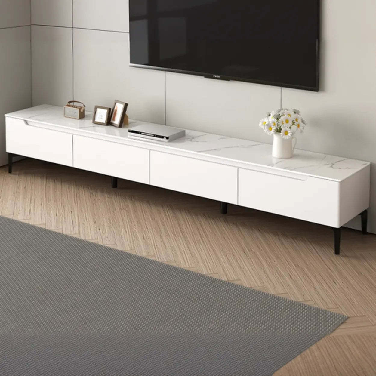 Gray modern drawers rectangular tv stands — 87" L x 12" W x 16" H / Warm White
