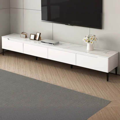 Gray Stone Rectangular TV Stand with Drawers — Warm White