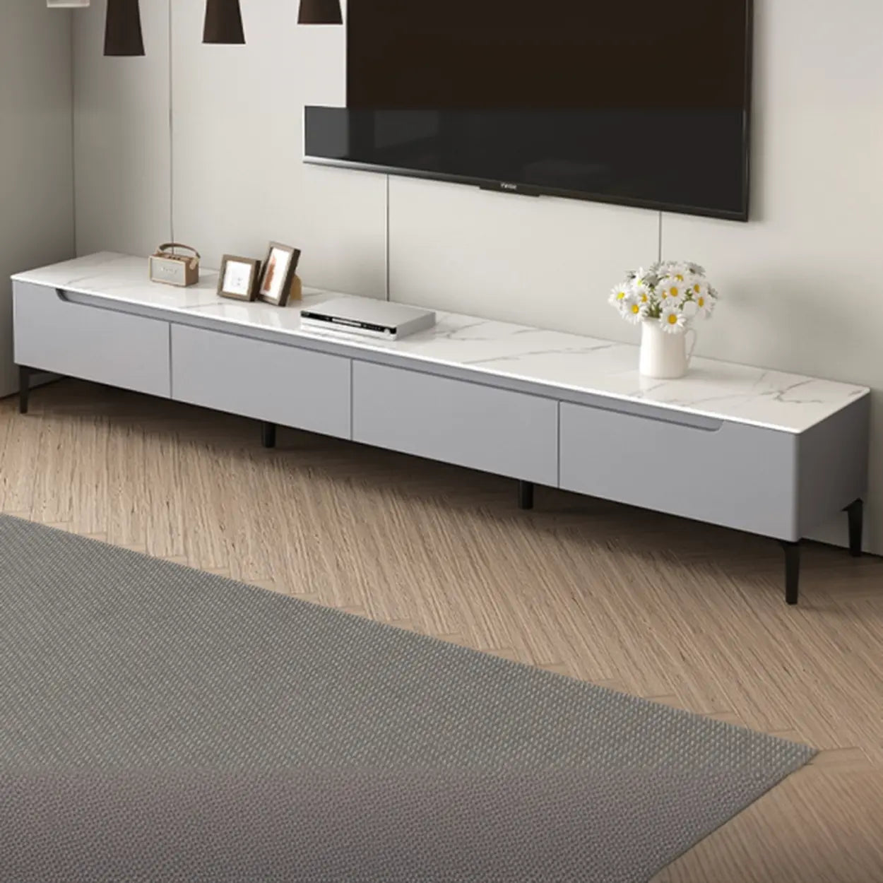 Gray Stone Rectangular TV Stand with Drawers — Warm White