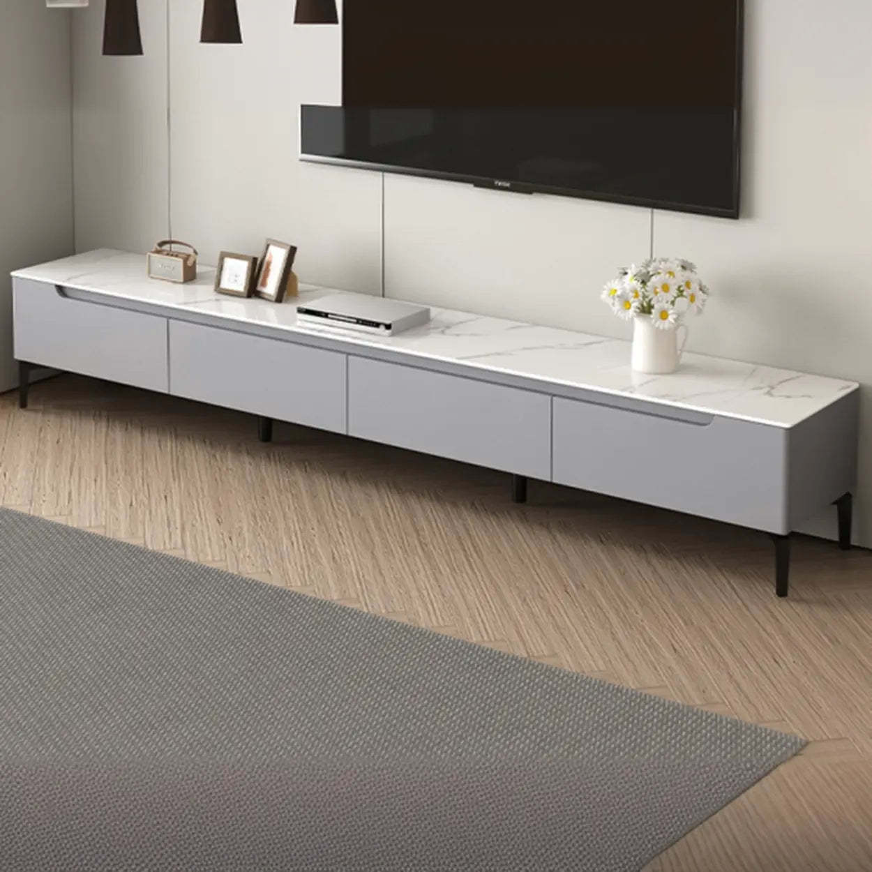 Gray Stone Rectangular TV Stand with Drawers — Warm White
