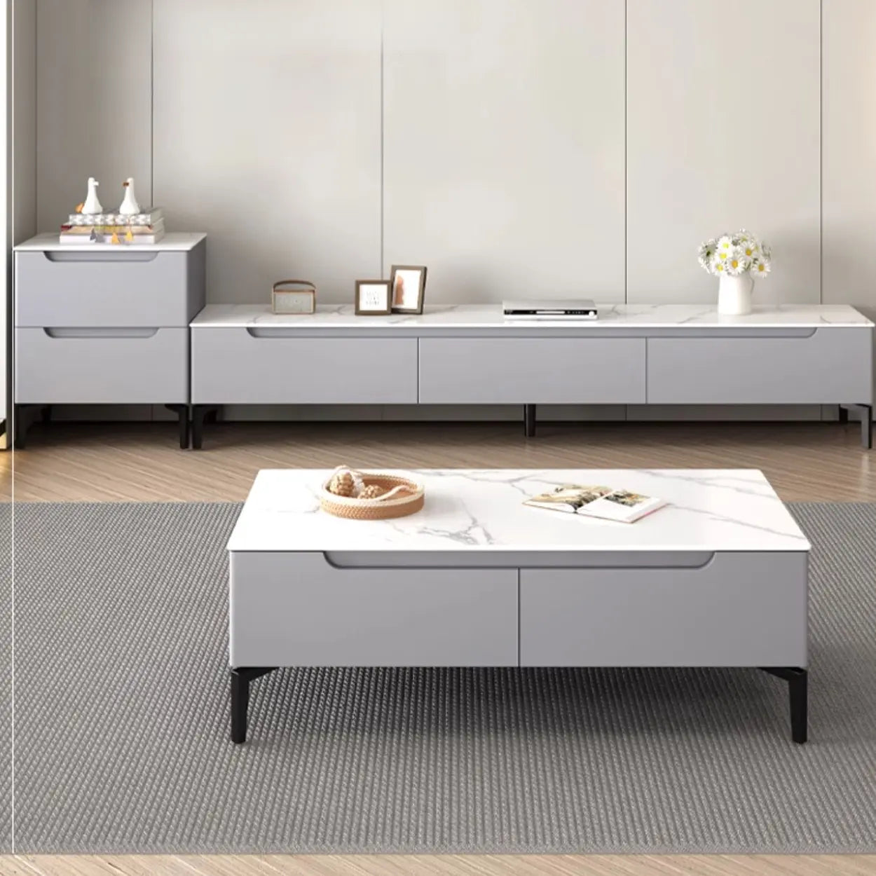 Gray Stone Rectangular TV Stand with Drawers — Warm White