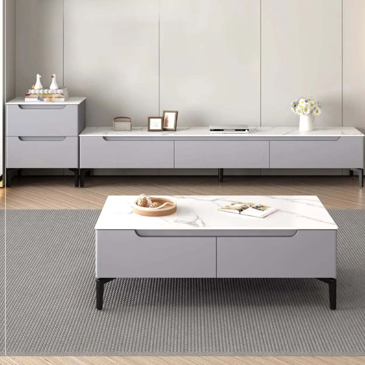 Gray Stone Rectangular TV Stand with Drawers — Warm White