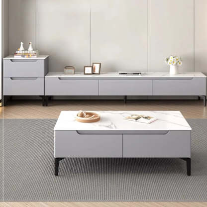 Gray Stone Rectangular TV Stand with Drawers — Warm White