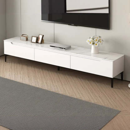 Gray Stone Rectangular TV Stand with Drawers — Warm White