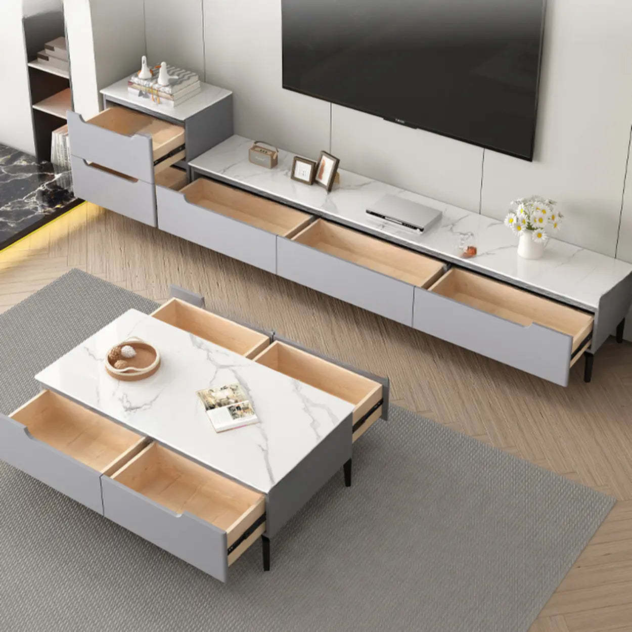 Gray Stone Rectangular TV Stand with Drawers — Grey