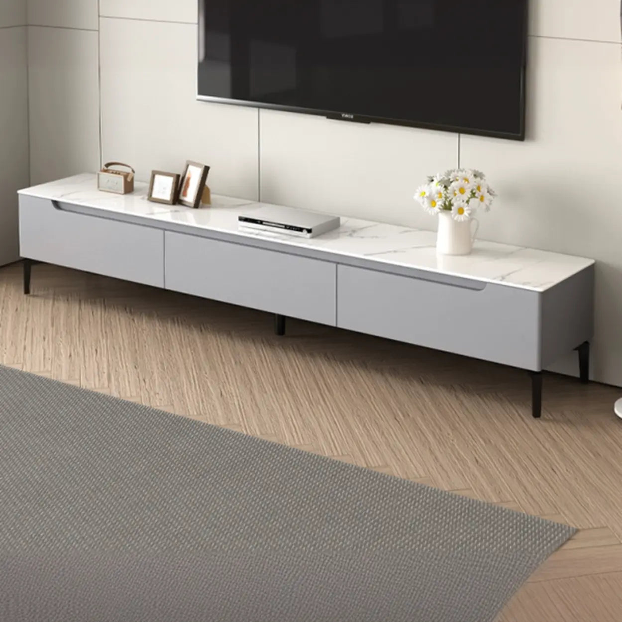 Gray Stone Rectangular TV Stand with Drawers — Grey