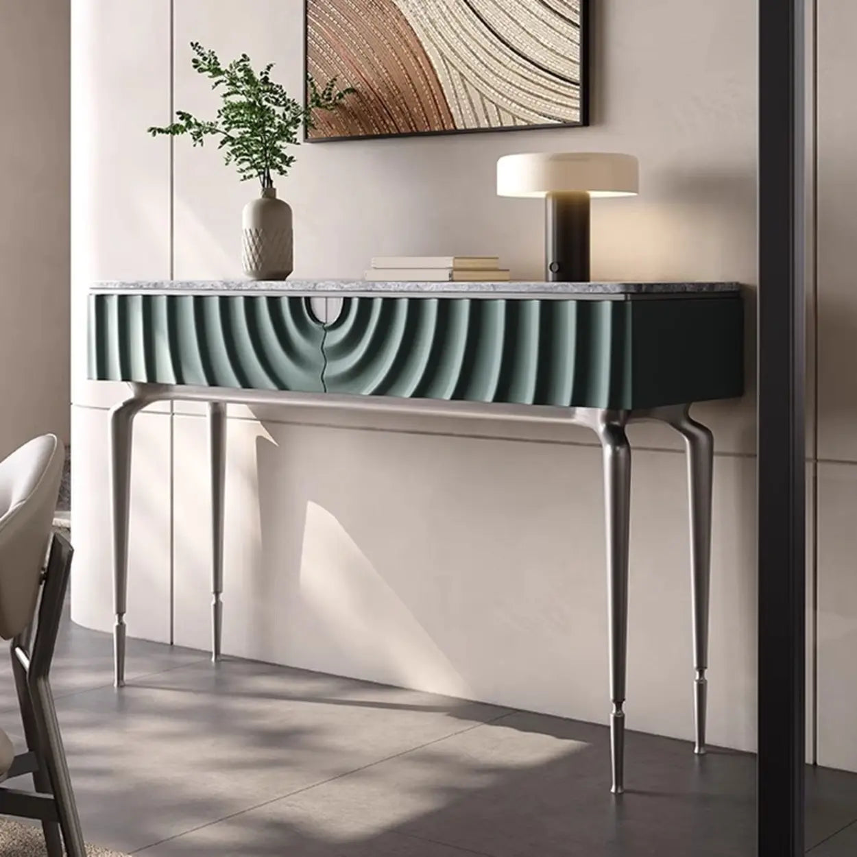 Modish Metal Wave Stone Console Table with Drawers — Black