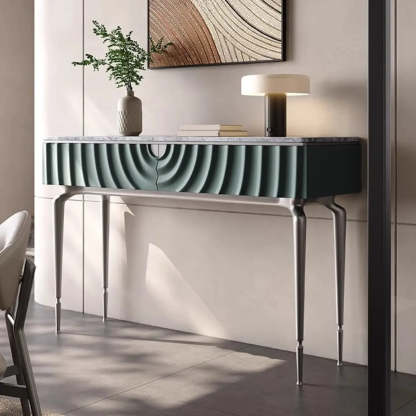 Modish Metal Wave Stone Console Table with Drawers — Black