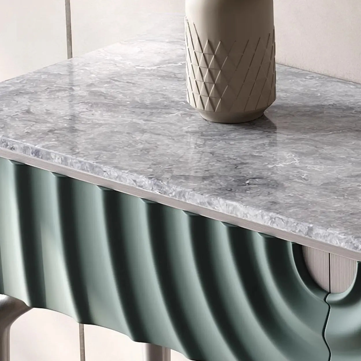 Modish Metal Wave Stone Console Table with Drawers — White