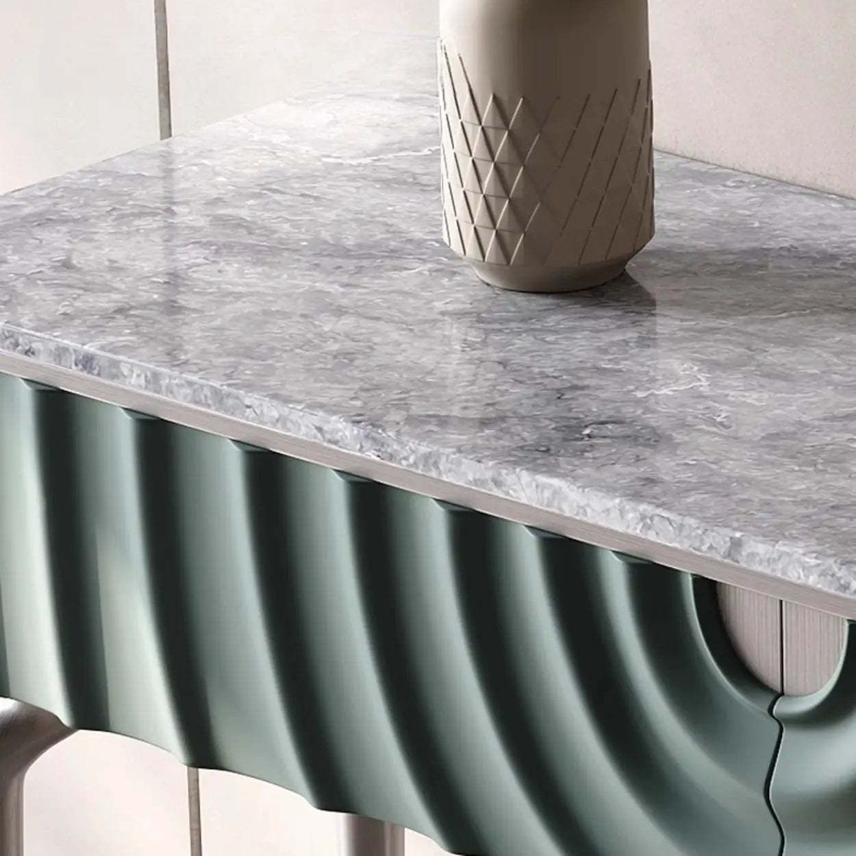 Modish Metal Wave Stone Console Table with Drawers — White