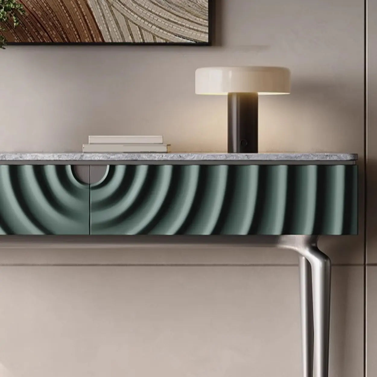 Modish Metal Wave Stone Console Table with Drawers — Gray/ White