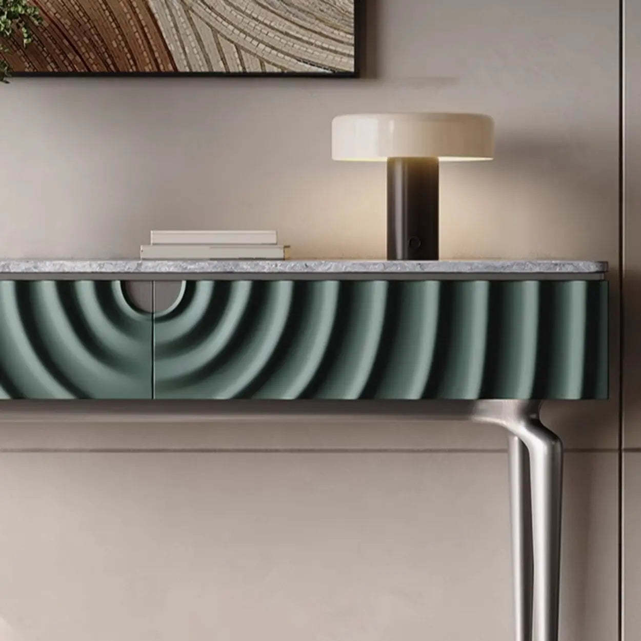 Modish Metal Wave Stone Console Table with Drawers — Gray/ White