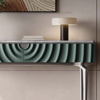 Modish Metal Wave Stone Console Table with Drawers — Gray/ White