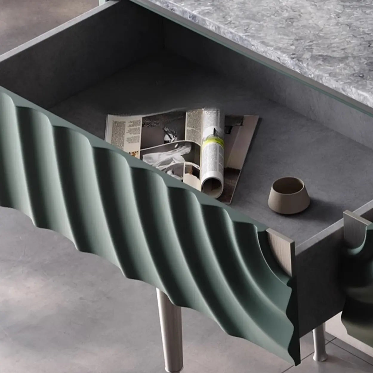Modish Metal Wave Stone Console Table with Drawers