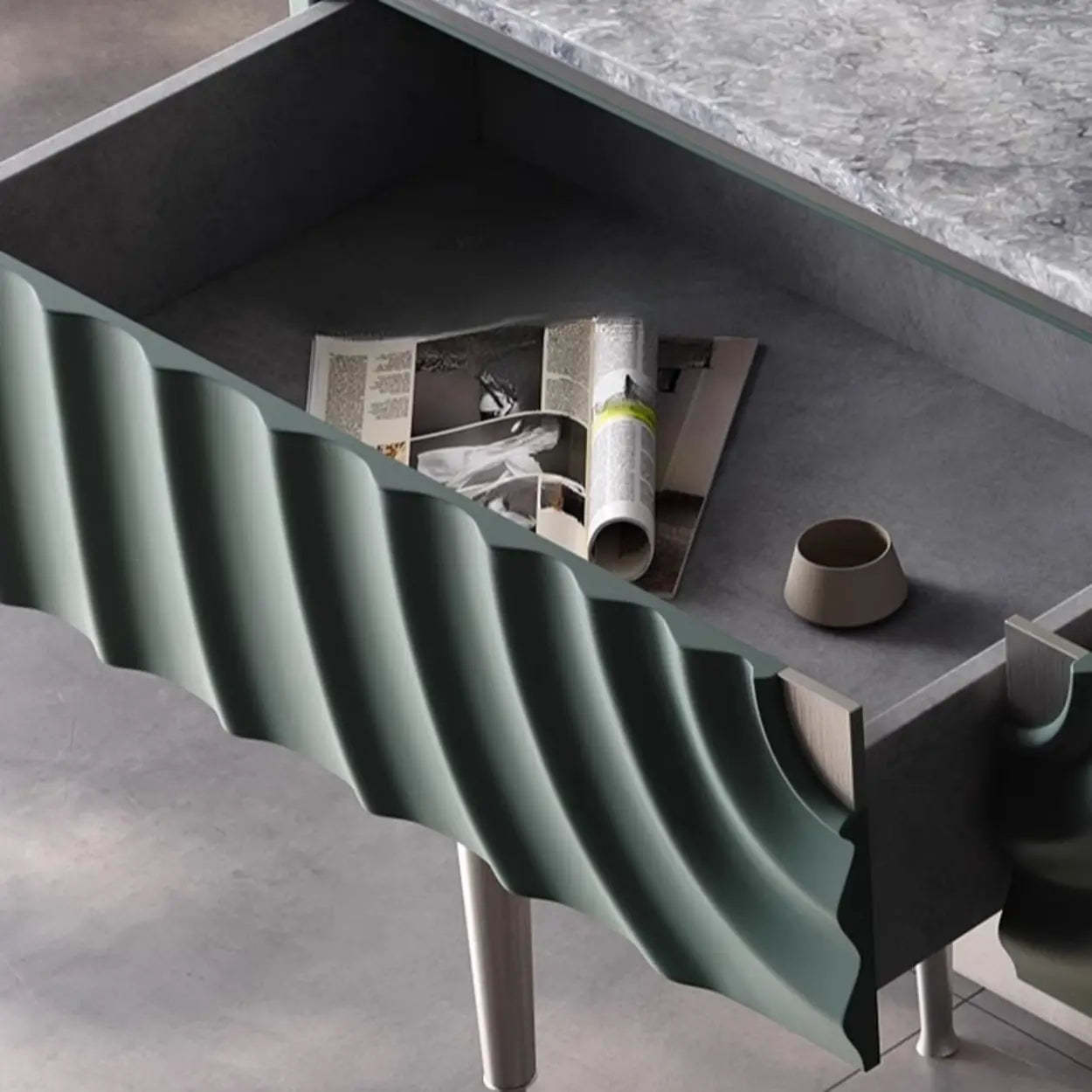 Modish Metal Wave Stone Console Table with Drawers