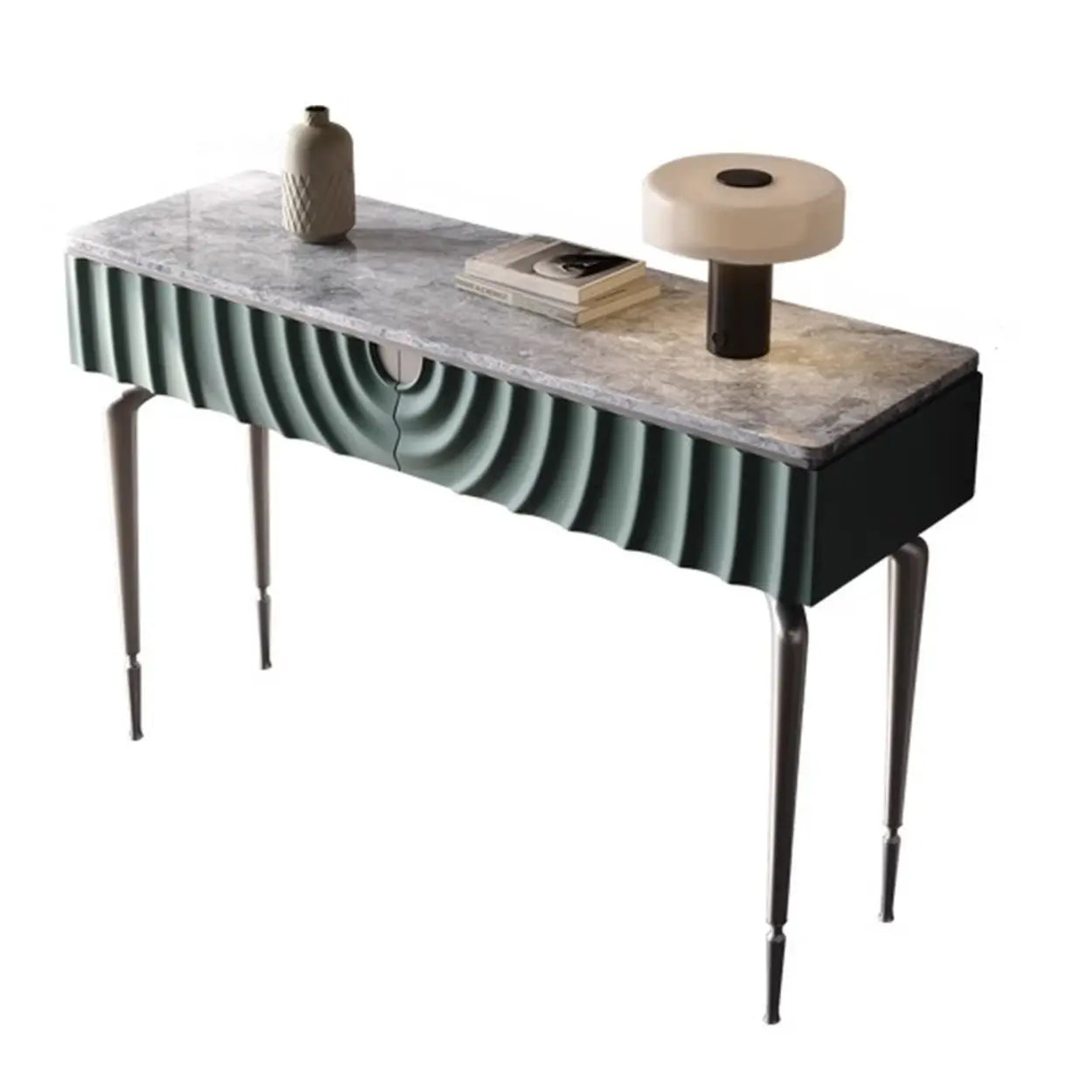 Modish Metal Wave Stone Console Table with Drawers — White