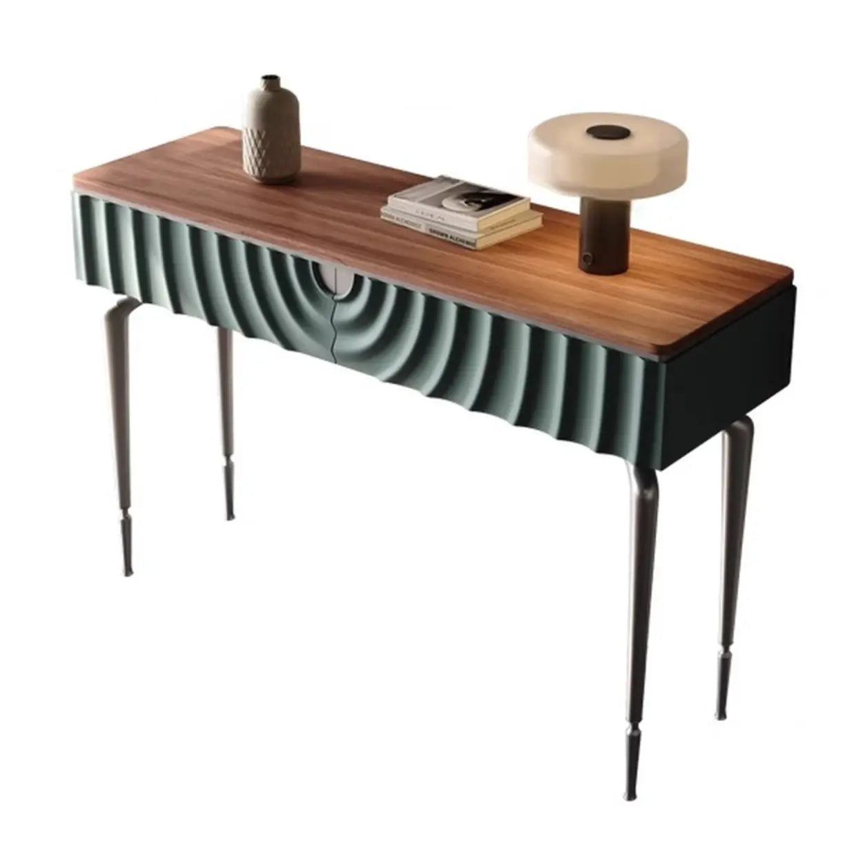 Modish Metal Wave Stone Console Table with Drawers — Walnut