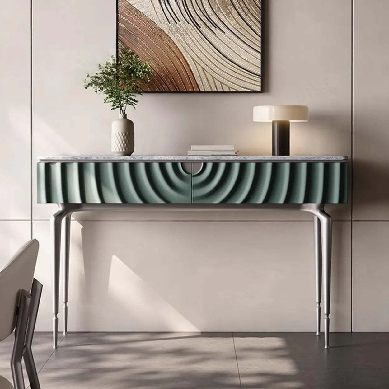 Modish Metal Wave Stone Console Table with Drawers — Gray/ White