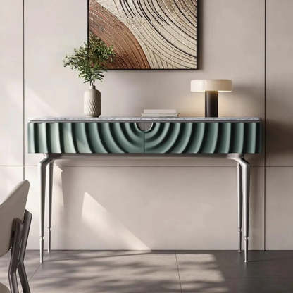 Modish Metal Wave Stone Console Table with Drawers — Gray/ White