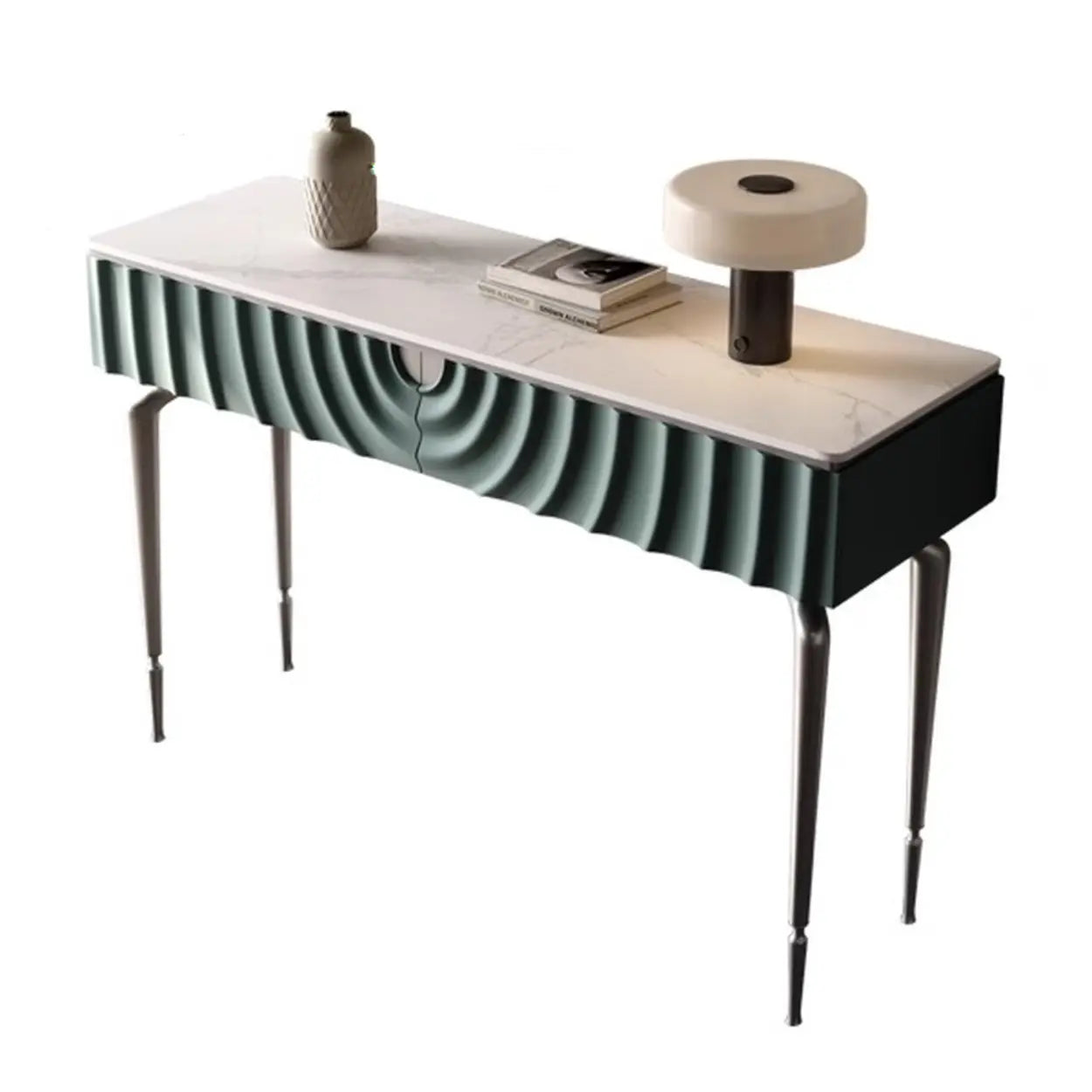 Modish Metal Wave Stone Console Table with Drawers — Black